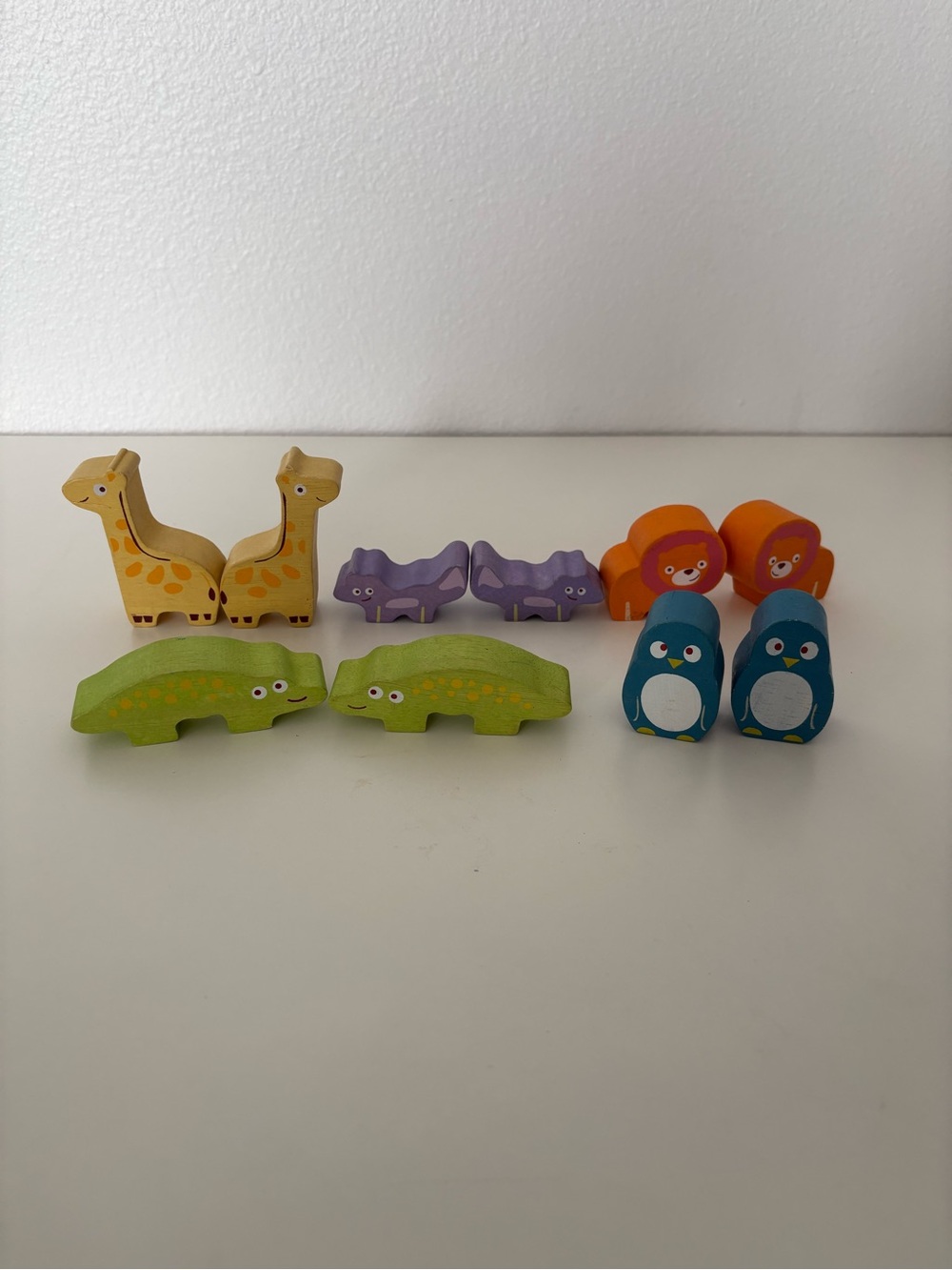 Wooden Animal Play Figures Set - Yellow, Green, Purple, Orange, Teal